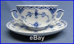 2 Antique Royal Copenhagen Fluted Lace Pattern Soup Bowl Saucer Blue White