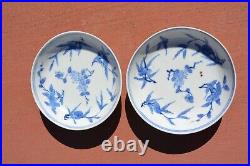 2 Chinese 17C Kangxi Blue & White Chrysanthemum Flower Porcelain Dish Plate Mk