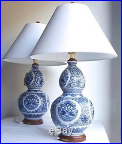 2 Ralph Lauren Large Zen Koi Fish Porcelain Ceramic Round Blue White Table Lamps