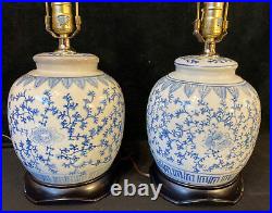 2 Vintage Chinoiserie Blue & White Porcelain Ginger Jar Lamps Set Floral Asian