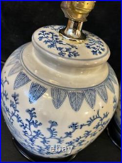 2 Vintage Chinoiserie Blue & White Porcelain Ginger Jar Lamps Set Floral Asian