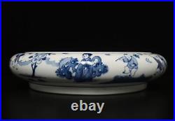 35CM Kangxi Signed Antique Chinese Blue & White Porcelain Brush Washer withfigure