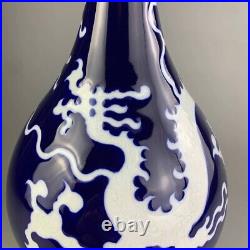 40cm Chinese Antique Yuan Blue & White Longneck Dragon Vase Underglaze Porcelain