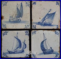 4 17th century Dutch delft delftware blue and white tiles carreau ships VOC