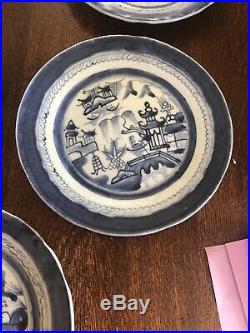 5 Antique Early 19th c. Chinese Export Porcelain Blue & White Canton Plates 10