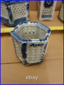 5 of Antique Chinese Blue & White Reticulated Porcelain Cricket Cages Brush Pots