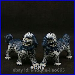 6.3Chinese Jingdezhen Blue White Porcelain Foo Fu Dog Guardion Lion Statue Pair