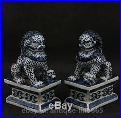 6.3 Collect Chinese Ceramics blue White Porcelain Foo Fu Dog Lion Pair Statue