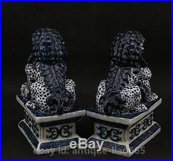 6.3 Collect Chinese Ceramics blue White Porcelain Foo Fu Dog Lion Pair Statue