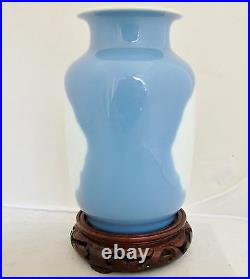 6.6 Antique Chinese Baby Blue & White Porcelain Vase with Wood Display Stand