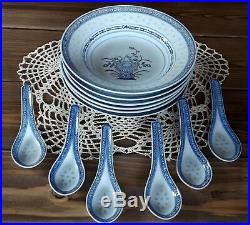 6 Vtg Jingdezhen Blue White Porcelain Bowls Spoons Rice Grain Chrysanthemum 8