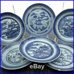 6 c1850 Canton Antique Chinese Blue and white Export Porcelain Desert Plates