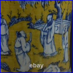 8.1 China Blue White Porcelain Yellow Ground Ancient Character Story Brush Pot