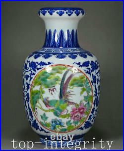 8.2'' Qing Qianlong Mark Blue White Porcelain Flowers Birds Flower Bottle Vase