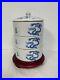 8.75 Old China Blue White Porcelain Stacking Dragon Box withLid & Wooden Base