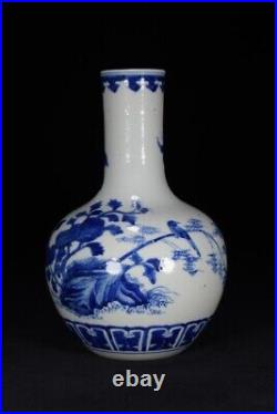 9.1Antique dynasty Porcelain kangxi mark Blue white Butterfly flowers bird vase