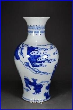9.5 Old Antique dynasty Porcelain Kangxi mark Blue white character Guanyin vase