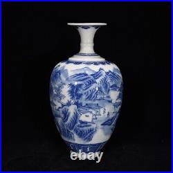 9'' Antique Qing Dynasty Kangxi Mark Blue White Porcelain Landscape Pattern Vase