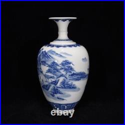 9'' Antique Qing Dynasty Kangxi Mark Blue White Porcelain Landscape Pattern Vase