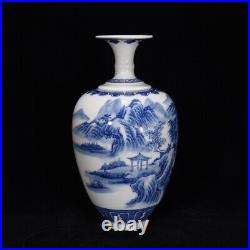 9'' Antique Qing Dynasty Kangxi Mark Blue White Porcelain Landscape Pattern Vase