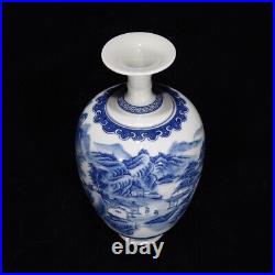 9'' Antique Qing Dynasty Kangxi Mark Blue White Porcelain Landscape Pattern Vase