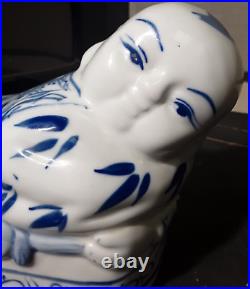 ANTIQUE Chinese Blue & White Porcelain Opium PillowithHeadrest Rotund Man or Boy