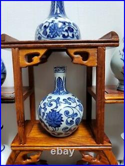 ANTIQUE GIFT SET (Classic White and Blue Porcelain Vase of 6 &Wood stand)
