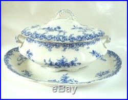 ANTIQUE WEDGWOOD PORCELAIN SOUP TUREEN with UNDER PLATE PLATTER BLUE & WHITE