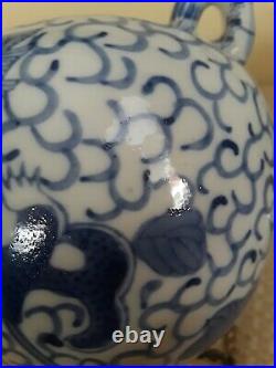A Antique Chinese Blue & White Porcelain Dragon Teapot. Marked