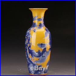 A Pair China antique Porcelain qing kangxi yellow bottom blue & white deer Vase