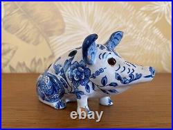 A Rare 18thC Blue And White Porcelain Pig. Spill Holder. A/F
