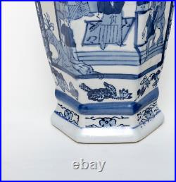 Antique 13H Chinese Blue & White Porcelain Vase Marked Double handle Hexagon
