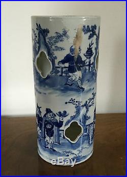 Antique 19th c. Chinese Porcelain Hat Wig Stand Vase Blue & White Landscape