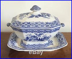Antique 19th c. English Pottery Tureen Platter Blue & White Transferware H & Co