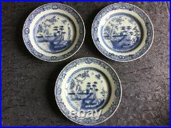 Antique 3 Chinese Dish Plates Blue Porcelain White Plants Flower Asian Rare19th