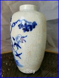 Antique Blue & White Chinese Crackle Porcelain Bird Vase, 19th Century Drilled