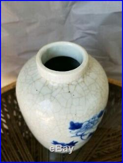 Antique Blue & White Chinese Crackle Porcelain Bird Vase, 19th Century Drilled