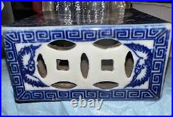 Antique CHINESE BLUE WHITE PORCELAIN FOO DOG OPIUM PILLOW Incense Burner