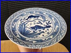 Antique CHINESE BLUE & WHITE PORCELAIN PLATE CHARGER YUAN MING CARP