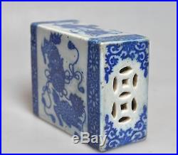 Antique China Chinese Qing Blue White Porcelain Foo Dog Opium Pillow Vase 19th C