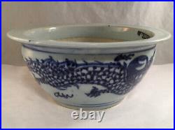 Antique Chinese Blue And White Porcelain Dragon Decorated Planter Jardiniere
