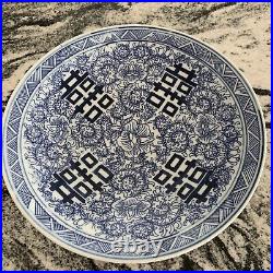 Antique Chinese Blue & White Double Happiness Porcelain Tazza Offering Plate