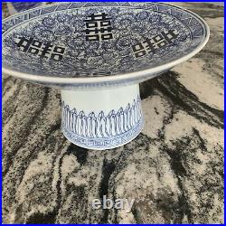 Antique Chinese Blue & White Double Happiness Porcelain Tazza Offering Plate