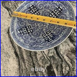 Antique Chinese Blue & White Double Happiness Porcelain Tazza Offering Plate