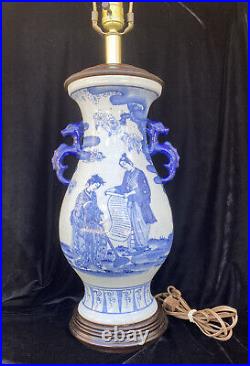 Antique Chinese Blue & White Handpainted Porcelain Vase withBlue Ears Lamp 30H