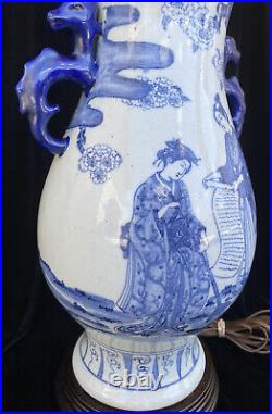 Antique Chinese Blue & White Handpainted Porcelain Vase withBlue Ears Lamp 30H
