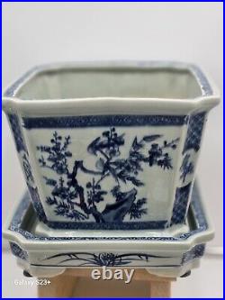 Antique Chinese Blue & White Porcelain Planter, Hand Painted Bird & Floral Motif