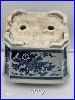 Antique Chinese Blue & White Porcelain Planter, Hand Painted Bird & Floral Motif