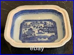 Antique Chinese Blue and White Canton Export Porcelain Covered Vegetable Dish