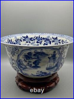 Antique Chinese Blue and White Porcelain Bowl Qing Dynasty With Stand